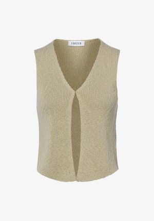 Gilet sans manches beige tricoté avec un col en V profond et une ouverture devant, tissu texturé, étiquette "EDITED" à l’intérieur du col.