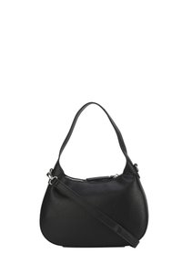 Sort læderhandbag med en afrundet form. Har et kort håndtag og en aftagelig skulderrem. Glat tekstur med lynlåslukning.