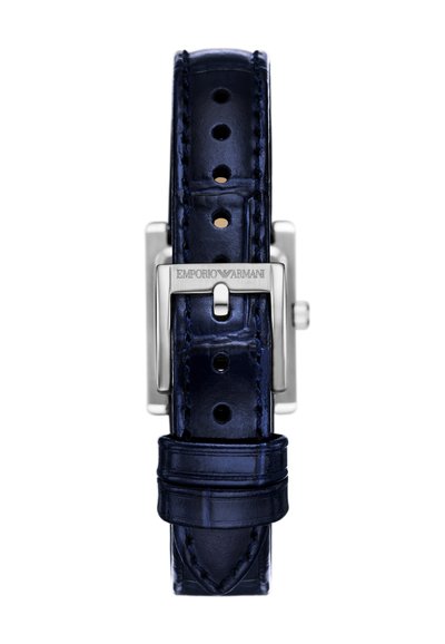 Navy-blauer Lackleder-Uhrenarmband mit genähten Details, silberner Metallschnalle und geprägtem Logo. Verfügt über mehrere verstellbare Löcher.