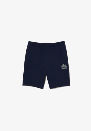 Shorts bleu marine en tissu mélangé coton, avec une taille élastique, un écusson logo sur la jambe gauche et une coupe droite.