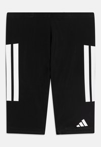 Pantalons de sport noirs avec un design à trois bandes blanches sur les côtés et un petit logo adidas blanc en bas. Fabriqués en tissu extensible.