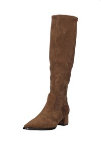 Bruine suède kniehoge laarzen met een pointe neus en blokhak, met een gladde textuur en minimale stikdetails.