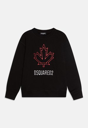 Felpa nera con un contorno rosso di una foglia d'acero e il testo "DSQUARED2" in bianco sottostante. Maniche e colletto a costine, vestibilità casual.