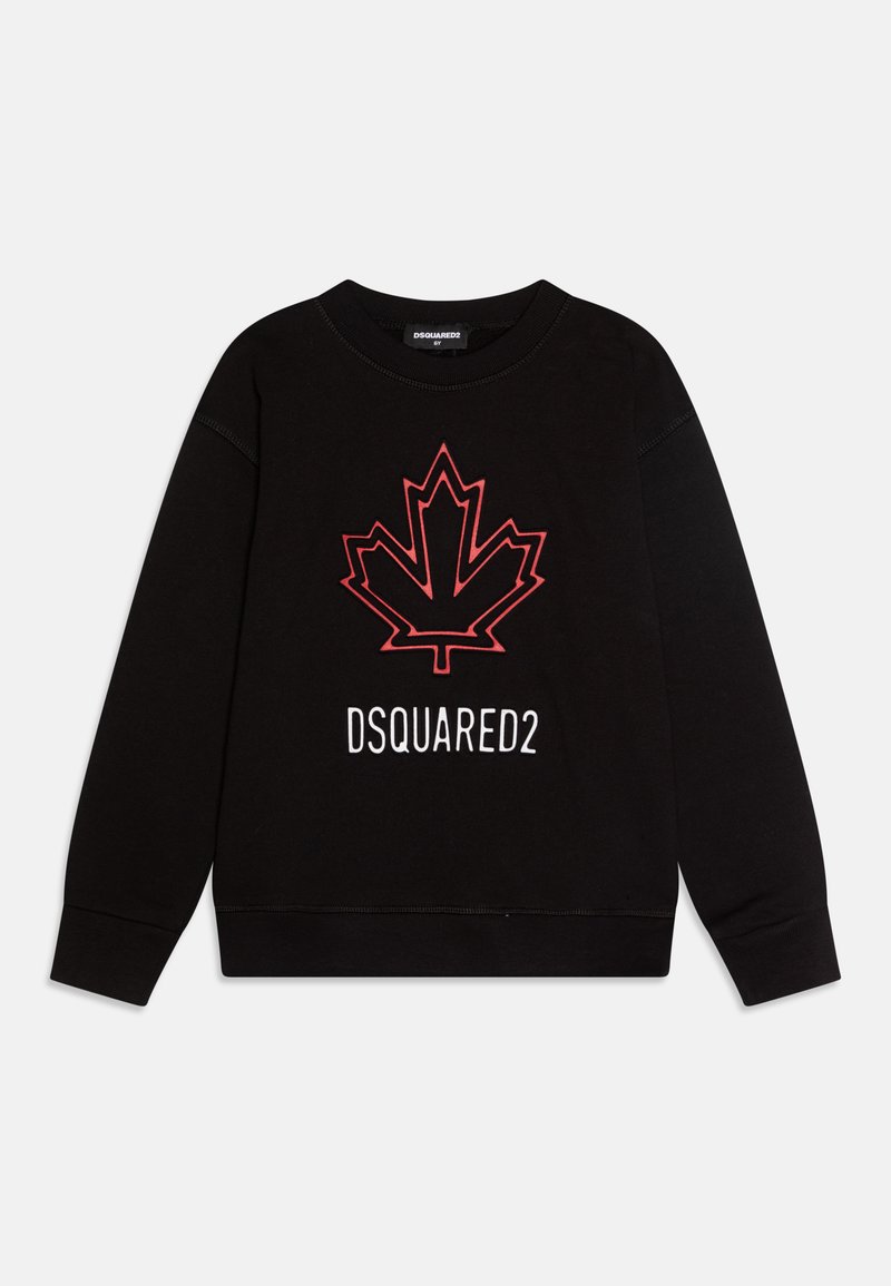 Sweatshirt noir avec un contour rouge d'une feuille d'érable et "DSQUARED2" en texte blanc en dessous. Manches et col côtelés, coupe décontractée.