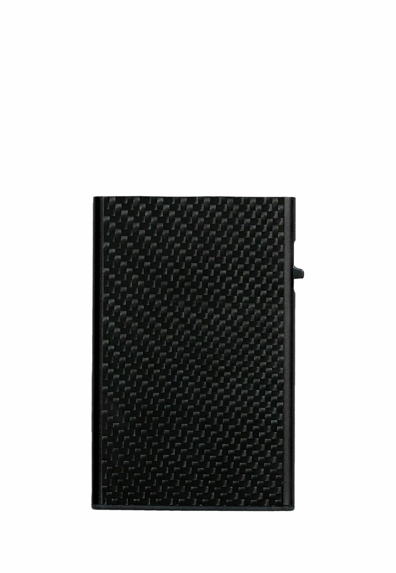 Black rectangular wallet with a textured carbon fiber pattern, compact design, and subtle hardware accents on the side.