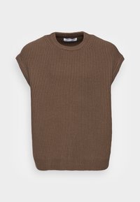 Pull en maille côtelée marron avec un col rond et des manches courtes. Le tissu est texturé, présentant une finition lisse au niveau de l'ourlet.