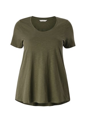 Oliven grøn kortærmet t-shirt, rund udskæring, blødt bomuldsblandingsstof, let udvidet kant, glat tekstur, afslappet design.