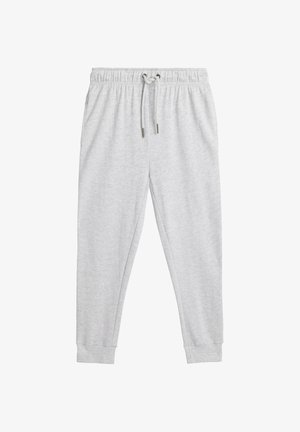 Szare dresy z elastycznym pasem na sznurku, ze ściągaczami na kostkach i miękką teksturą. Zaprojektowane z myślą o komforcie i swobodnym wyglądzie.