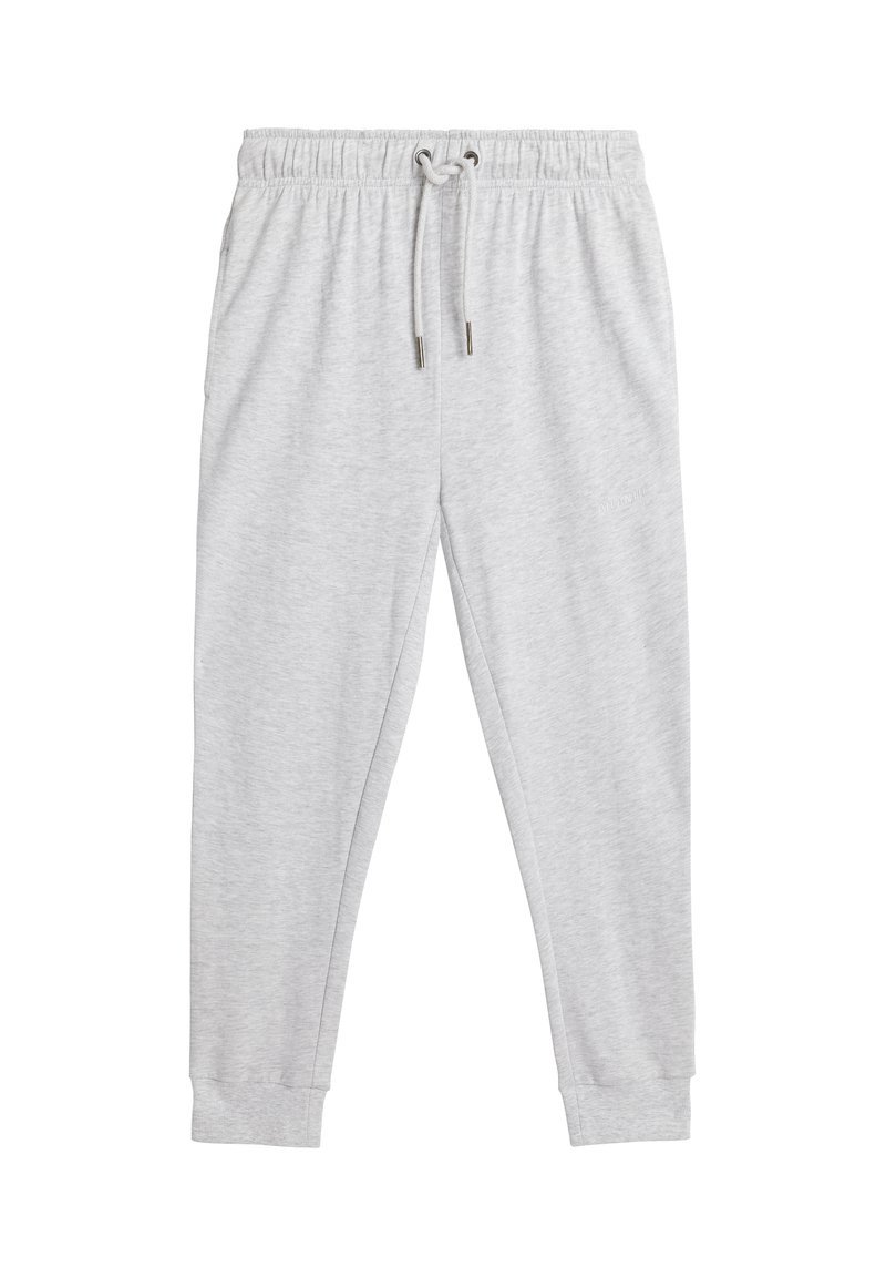 Szare dresy z elastycznym pasem na sznurku, ze ściągaczami na kostkach i miękką teksturą. Zaprojektowane z myślą o komforcie i swobodnym wyglądzie.