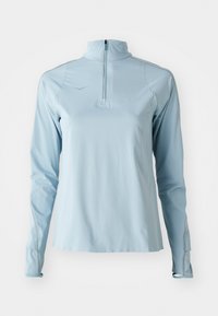 Light blue long-sleeve athletic top with a half-zip collar, smooth texture, and contrasting gray stitching along the seams.