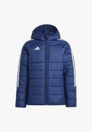 Navy blue puffer jacket with a hood, featuring white stripes on sleeves and a full zipper, quilted texture, and logo on the chest.