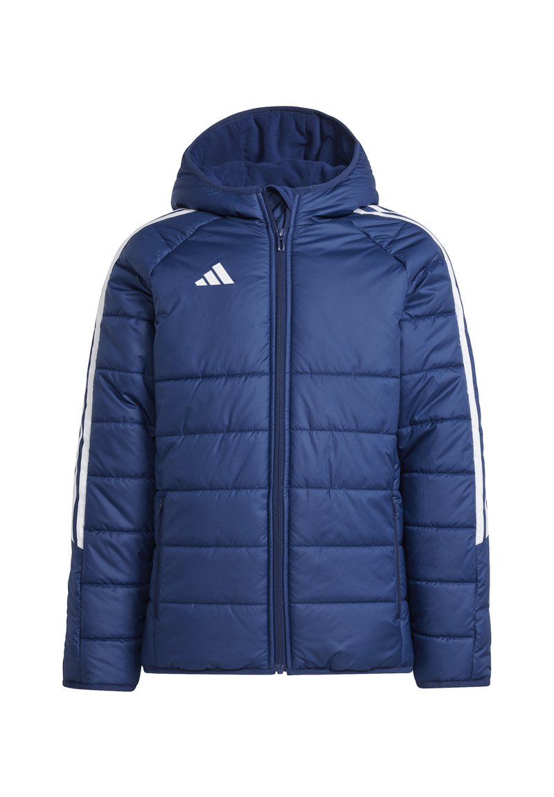Navy blue puffer jacket with a hood, featuring white stripes on sleeves and a full zipper, quilted texture, and logo on the chest.