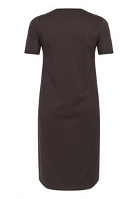 Robe à col rond et manches courtes de couleur marron foncé. Fabriquée dans un tissu doux et lisse, avec une coupe droite et une longueur arrivant au genou. Aucun motif ni accent visible.
