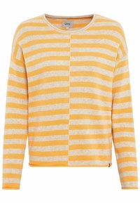 Gelb- und beige gestreifter Pullover, leichter Strick, runder Ausschnitt, lockere Passform, lange Ärmel, mit einem kleinen Label-Akzent an der unteren Seite.