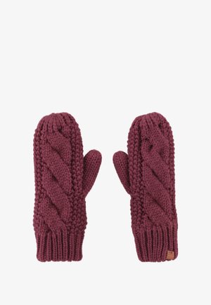 Gebreide wanten in een bordeauxkleur met een gestructureerd kabelpatroon. Geribbelde manchetten en een klein leren label zijn opvallende details.