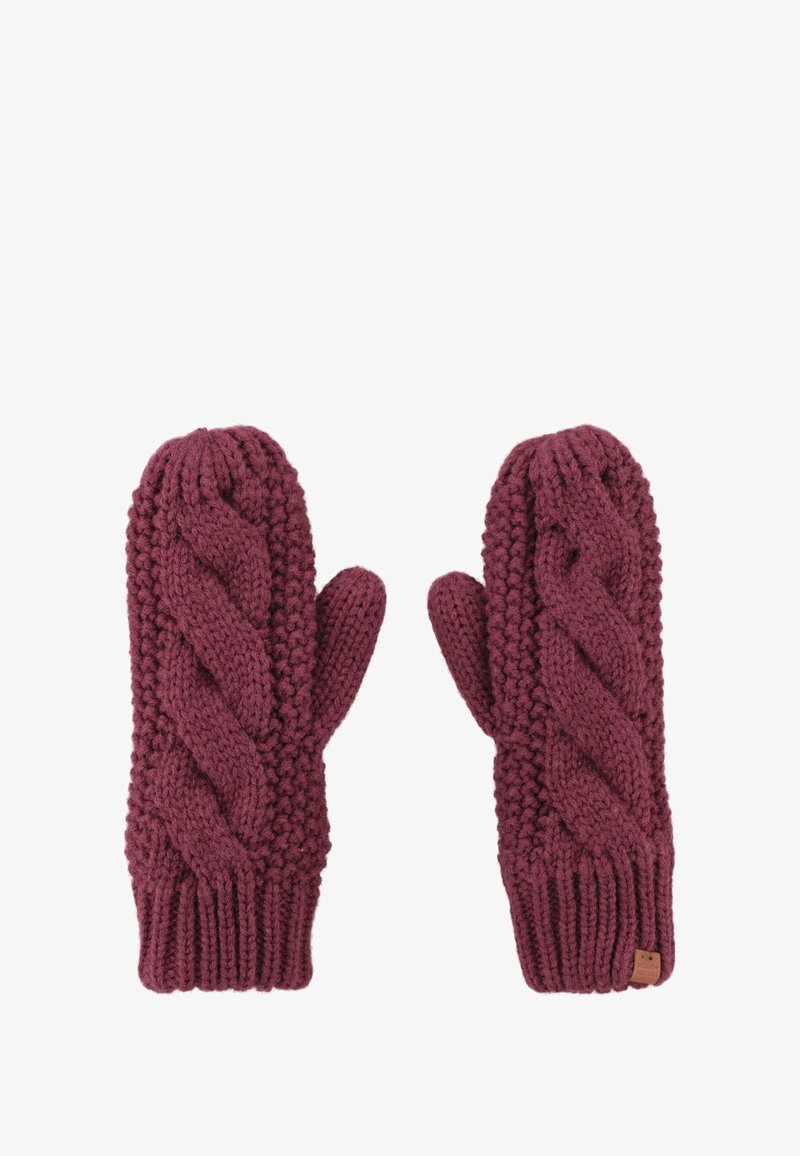 Gebreide wanten in een bordeauxkleur met een gestructureerd kabelpatroon. Geribbelde manchetten en een klein leren label zijn opvallende details.