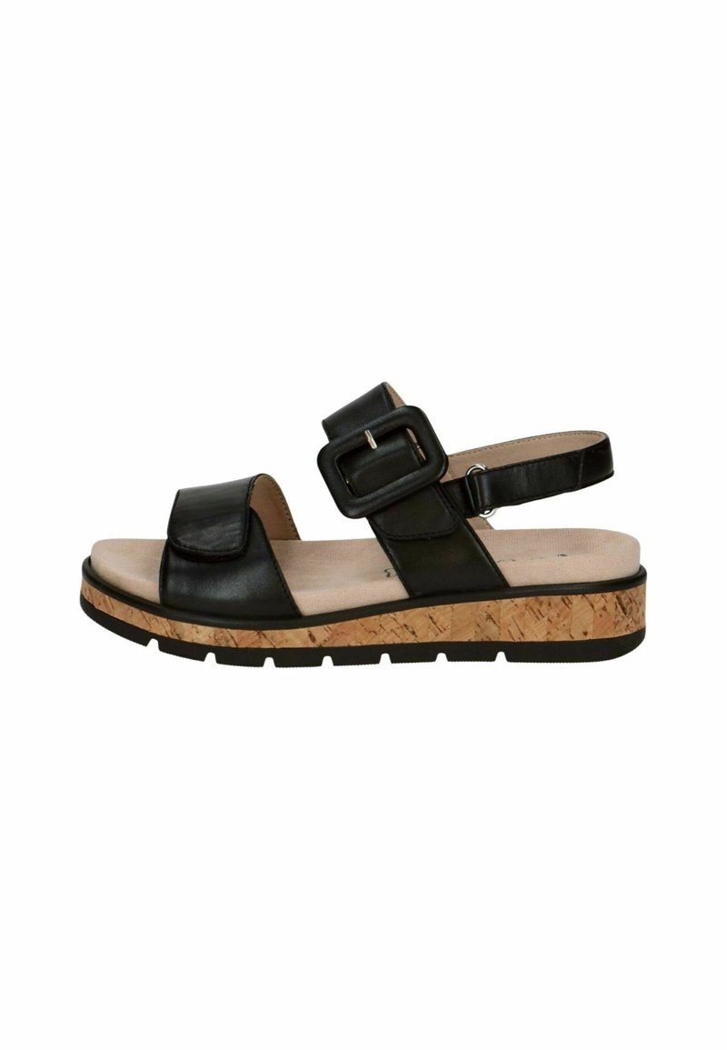 Schwarze Ledersandale mit breitem Vorderriemen und verstellbarem Knöchelriemen. Korkplattformsohle mit strukturierten Details, Gummisohle für guten Halt.