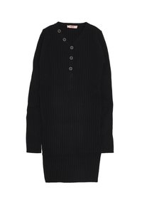 Abito nero a coste con maniche lunghe, scollatura a V e cinque chiusure a scatto in metallo lungo la parte anteriore. Tessuto liscio, design fino al ginocchio.