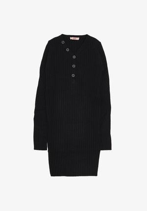 Abito nero a coste con maniche lunghe, scollatura a V e cinque chiusure a scatto in metallo lungo la parte anteriore. Tessuto liscio, design fino al ginocchio.