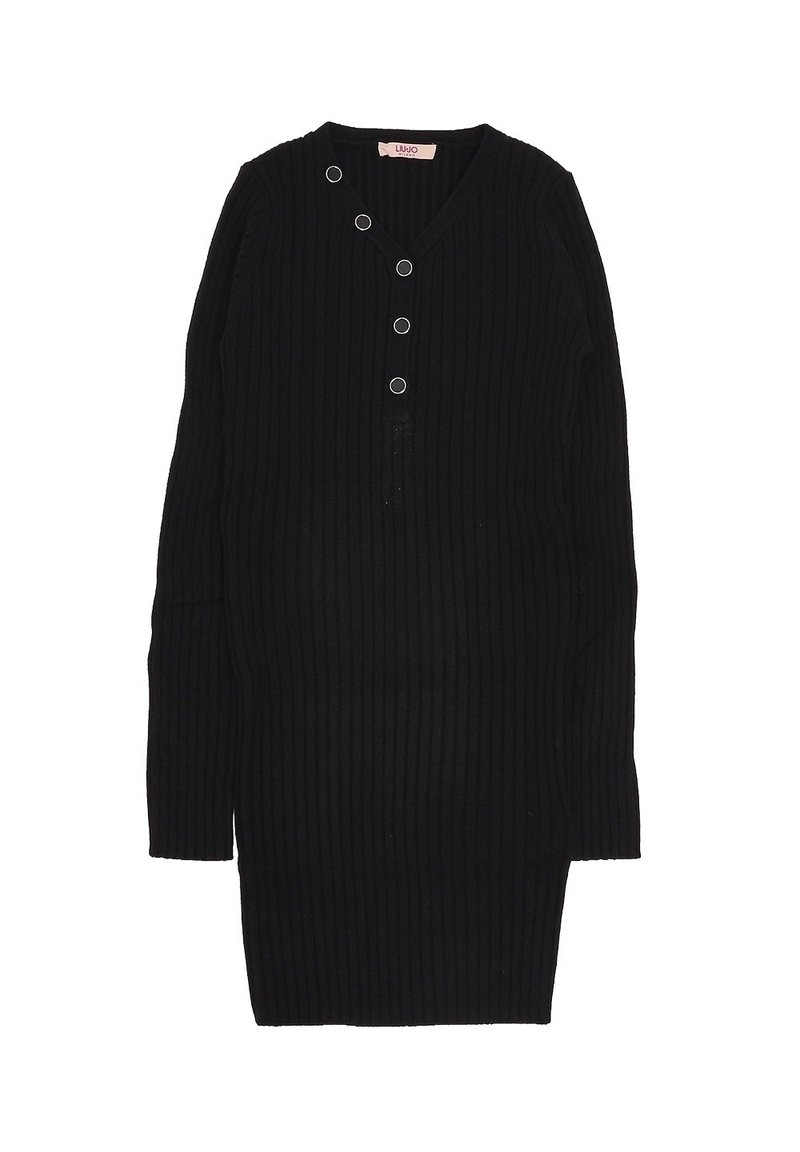 Abito nero a coste con maniche lunghe, scollatura a V e cinque chiusure a scatto in metallo lungo la parte anteriore. Tessuto liscio, design fino al ginocchio.