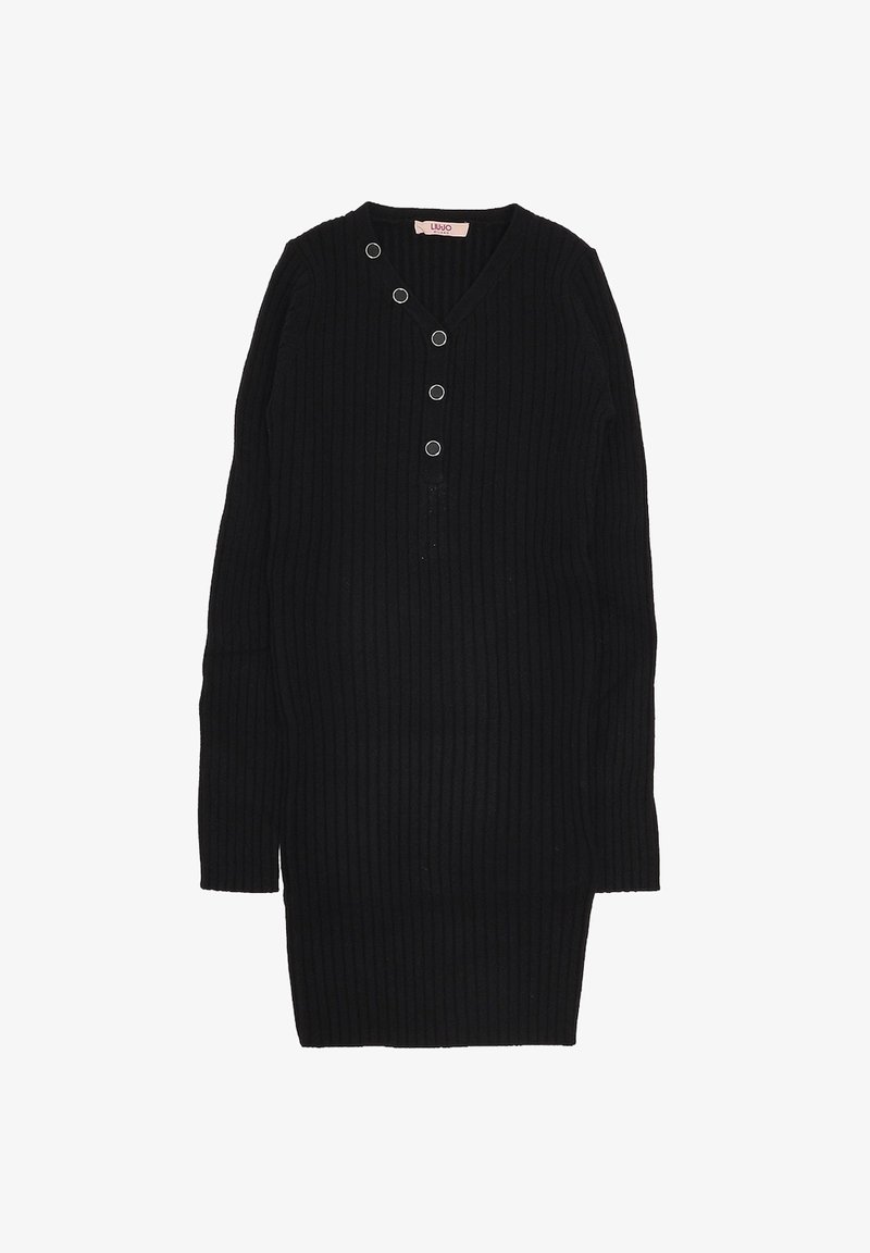 Abito nero a coste con maniche lunghe, scollatura a V e cinque chiusure a scatto in metallo lungo la parte anteriore. Tessuto liscio, design fino al ginocchio.