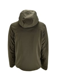 Giacca da esterno verde scuro con cappuccio vista da dietro, dotata di maniche lunghe e realizzata in un tessuto liscio e leggermente imbottito.