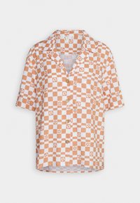 Short-sleeve button-up shirt in white and orange grid pattern, featuring floral designs, a notched collar, and wooden buttons.