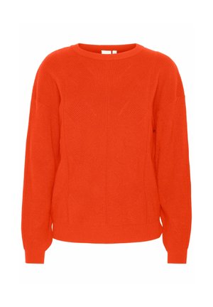 Helles orange Sweatshirt mit strukturiertem Rippensaum, Rundhalsauschnitt und überschnittenen Schultern, mit einem geometrischen Muster, das in den Stoff eingearbeitet ist.