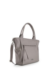 Grå læder tote bag med to håndtag på toppen, en aftagelig skulderrem, en frontlomme med lynlås og en struktureret overflade.