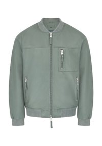 Světlá zelená kožená bomber bunda s žebrovaným límcem a manžetami, vybavená předním zipem, dvěma bočními kapsami a kapsou na prsou.