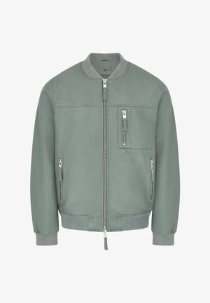 Lichtgroene leren bomberjack met een geribde kraag en manchetten, voorzien van een ritssluiting aan de voorkant, twee zijzakken en een borstzak.