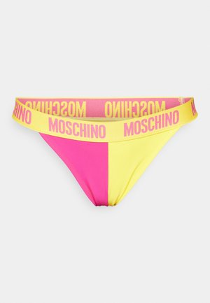 Bas de bikini Moschino avec un design fendu en rose vif et jaune, doté d'une large ceinture élastique avec texte logo. Texture de tissu lisse.