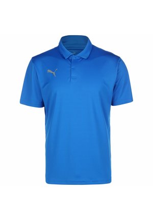 Blaues Poloshirt aus atmungsaktivem Material, mit Kragen, kurzen Ärmeln und einem goldenen Logo auf der linken Brust.