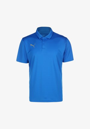 Blauwe polo gemaakt van ademend materiaal, met een kraag, korte mouwen en een gouden logo op de linkerkant van de borst.