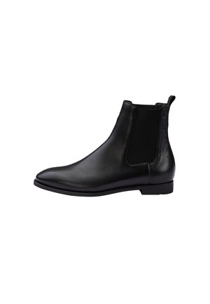 Black leather ankle boot with elastic side panel, pull tab at heel, and a low heel, shown from the outer side on a white background.