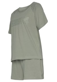 Light green, short-sleeved pajama set made of soft cotton; features playful text pattern in white. Includes matching shorts.