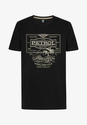 Černé bavlněné tričko se smetanovým grafickým designem v retro stylu, textem a obrázky palm, a dodávky, kulatý výstřih.