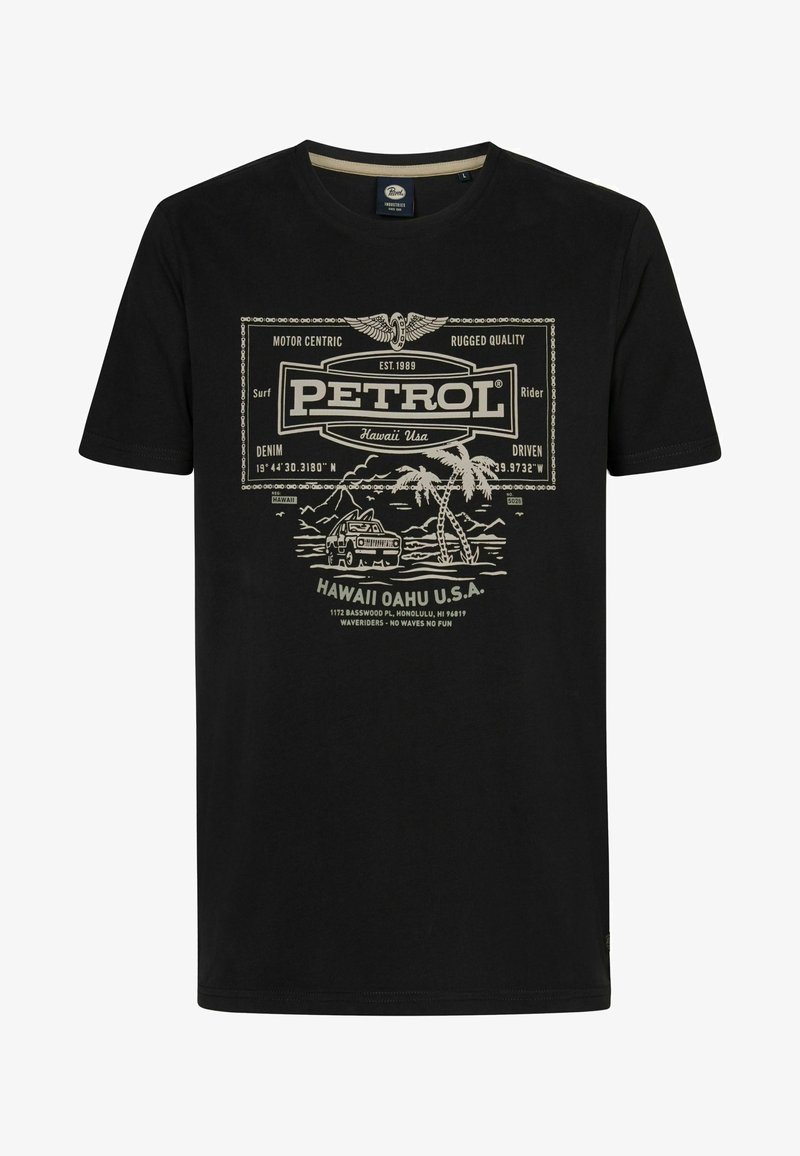 Černé bavlněné tričko se smetanovým grafickým designem v retro stylu, textem a obrázky palm, a dodávky, kulatý výstřih.