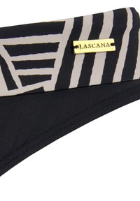 Črne bikini hlačke z vzorčastim pasom v bež barvi z črnimi črtami. Zlati detajli z logotipom "LASCANA". Gladka tekstura.