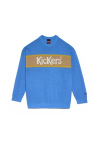 Maglione azzurro chiaro lavorato a maglia con scollatura rotonda, caratterizzato da una striscia beige audace e dal logo "Kickers" in bianco sul petto.