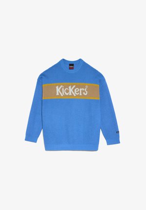 Maglione azzurro chiaro lavorato a maglia con scollatura rotonda, caratterizzato da una striscia beige audace e dal logo "Kickers" in bianco sul petto.