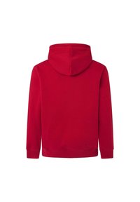 Sudadera roja con una textura suave, que presenta una capucha redondeada y puños acanalados. La parte trasera es lisa, sin elementos de diseño adicionales.