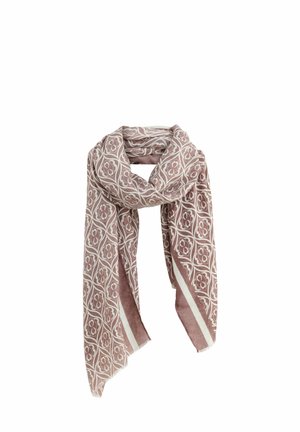 Leichter Schal in Rosa und Creme mit floralem geometrischem Muster; weiche Textur, fransige Kanten und breites Design, ideal zum Wickeln.