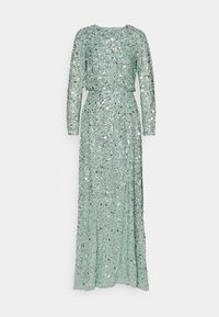 Dlouhá, mátově zelená flitrová večerní šaty s dlouhými rukávy, kulatým výstřihem a přiléhavým pasem. Materiál má celoplošný třpytivý vzor.