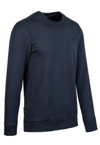 Felpa blu navy realizzata in tessuto morbido; collo a giro, maniche lunghe, polsini e orlo ribattuti, piccolo logo sul petto, texture liscia.