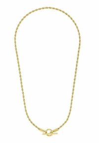 Guldhalsband med en tvinnad design, med en rund lås och avlånga stänger som accentuerar, med en slät och glansig yta.
