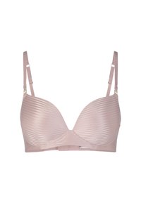 Reggiseno rosa chiaro con texture a coste, supporto con ferretto, spalline regolabili e chiusura con gancio. Design semplice senza abbellimenti visibili.