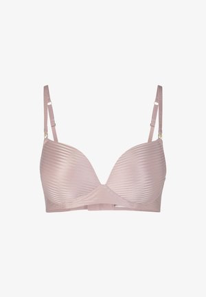 Helle rosa BH mit geripptem Material, Bügelunterstützung, verstellbaren Trägern und einem Hakenverschluss. Einfaches Design ohne sichtbare Verzierungen.