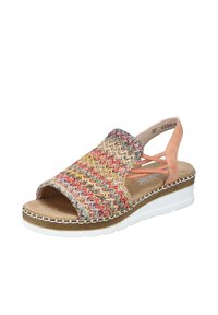 Gewebte mehrfarbige Sandale mit offenem Zehenbereich, pinkem Knöchelriemen und weißer Plateausohle. Verfügt über ein strukturiertes Material und dekorative Nähte.