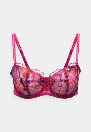 Reggiseno in pizzo con design floreale trasparente in rosa e arancione, supporto con ferretto e spalline fucsia regolabili con bordi smerlati.